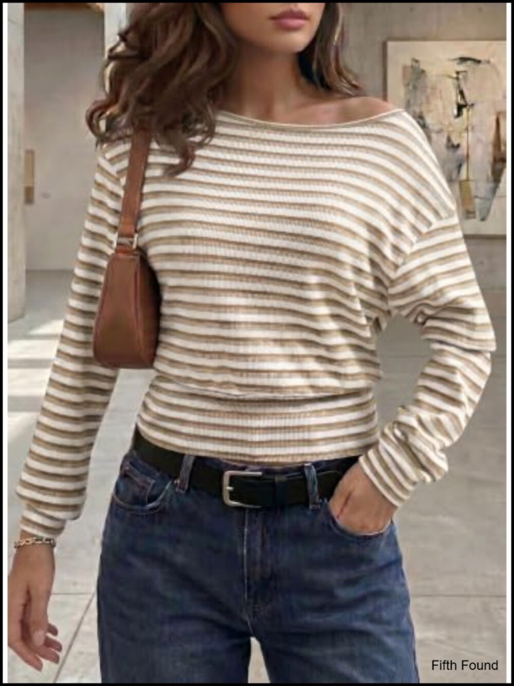 Striped Off Shoulder Long Sleeve Blouse Boat Neck Pullover Loose Fit Ribbed Knit - Picture 2 of 3